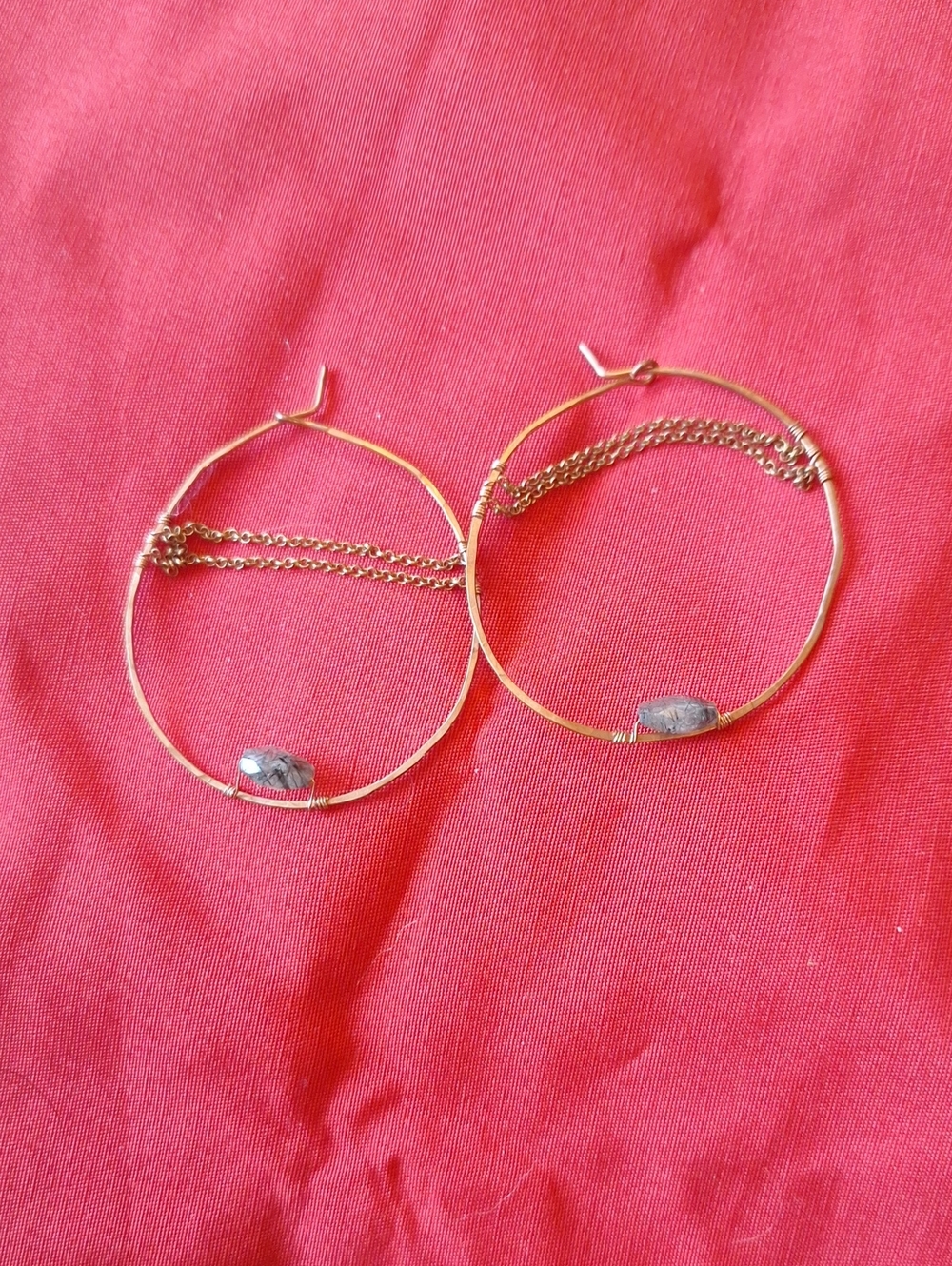 Gold Hoop Chain Drop Earrings with Gray/Green Bead